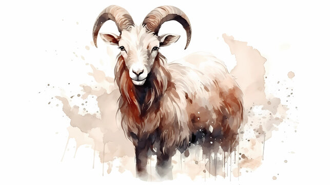Chinese zodiac sign goat animal traditional painting style white background