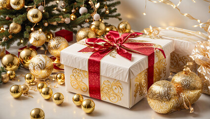 Gift box with bows, balloons background