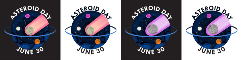 International Asteroid Day Emblems isolated on white and black backgrounds. June 30. Blue and red Asteroids in space, with planet icons. Vector Illustration. For designs, cards, posters, social media.
