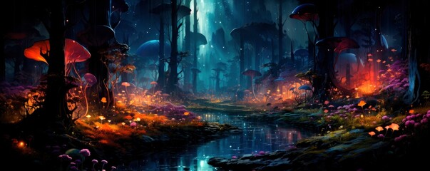 Embark on a magical adventure in a forest filled with glowing mushrooms and fantastical flowers.