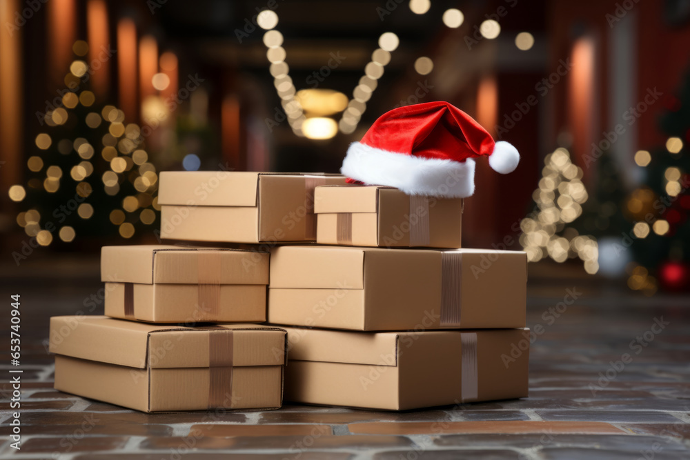 Wall mural boxes with christmas presents and santa hat. shipping delivery company concept