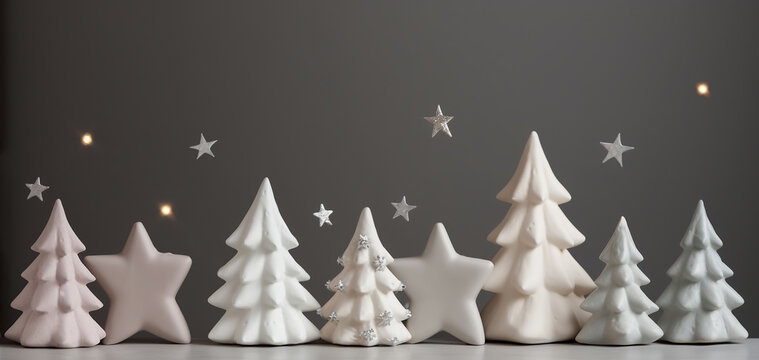 Christmas New Years banner row of ceramic fir trees of pastel colors on grey background. Sparkling star lights. Minimalist Scandinavian decoration of home interior