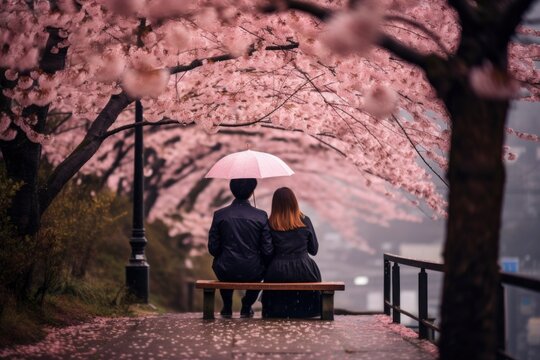 A romantic duo stands beneath a delicate cherry blossom canopy, united by their affection and the cover of a trendy umbrella in a peaceful garden setting. - Powered by Adobe