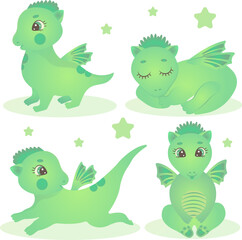 Cute little dragon and dinosaur characters in different poses, cartoon character vector illustration, eps 10