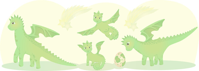 Cute dragon and dinosaur characters, dragon family, cartoon characters vector illustration, eps 10
