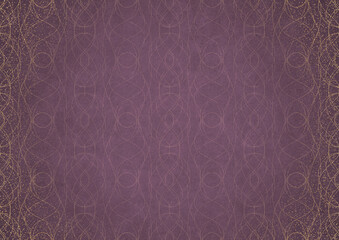 Hand-drawn abstract ornament. Light semi transparent pink on a purple back, with vignette of same pattern and sparks in golden glitter on a darker color. Paper texture. A4. (pattern: p10-1c)