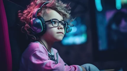 Muurstickers Focused  kid gamer with headphones in front of computer monitor © valgabir