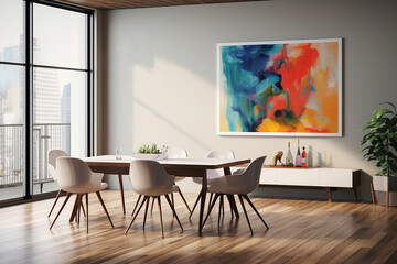 A Mid-Century Modern dining room with a long, wooden dining table surrounded by molded plastic chairs, a colorful, abstract art mock up piece on the wall