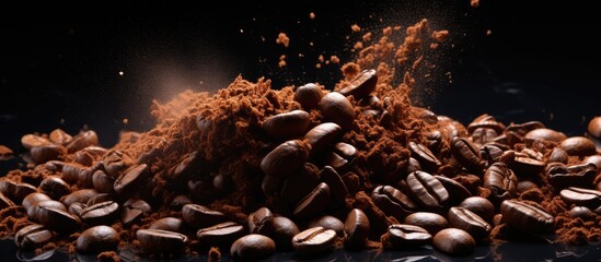 Coffee beans exploding on black backdrop - obrazy, fototapety, plakaty