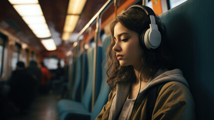 Girl teenager listening to music in headphones  on the subway, looking sad and lonely - obrazy, fototapety, plakaty