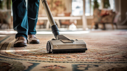 Efficient home cleaning with a powerful vacuum cleaner on the carpet - obrazy, fototapety, plakaty