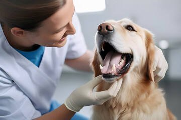 Friendly female veterinarian performing a check up on the dental health of a Golden Retriever dog. Generative AI.