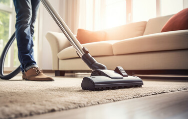 Efficient home cleaning with a powerful vacuum cleaner on the carpet