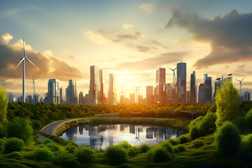 Sunset over City, big skyscraper with lake and trees. green city with wind turbines - obrazy, fototapety, plakaty
