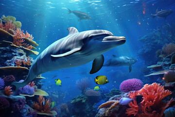 colorful tropical underwater theme with dolphins