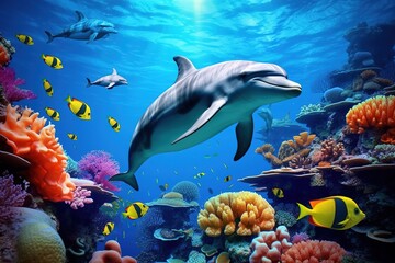 colorful tropical underwater theme with dolphins - obrazy, fototapety, plakaty