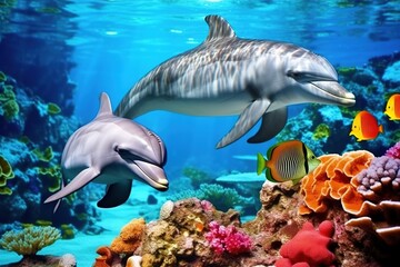 Obraz na płótnie Canvas colorful tropical underwater theme with dolphins