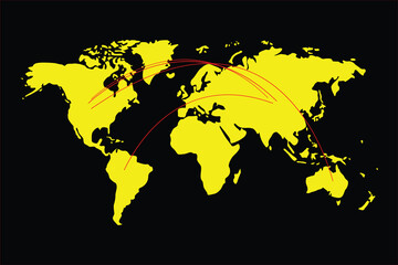 Fototapeta na wymiar Yellow color world map black background .