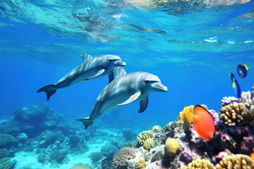 Naklejka premium colorful tropical underwater theme with dolphins
