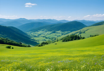 Fototapeta na wymiar amazing natural green grassland with mountains landscape wallpaper 