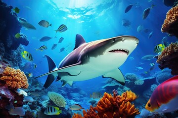 colorful tropical underwater shark theme near the reef