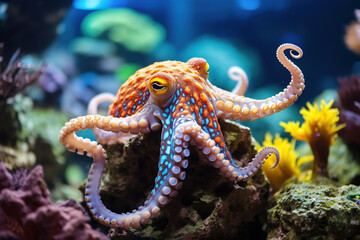 colorful tropical underwater theme octopus near the reef - obrazy, fototapety, plakaty