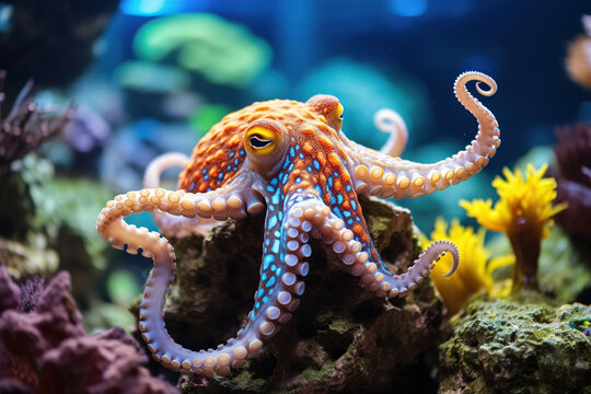 colorful tropical underwater theme octopus near the reef