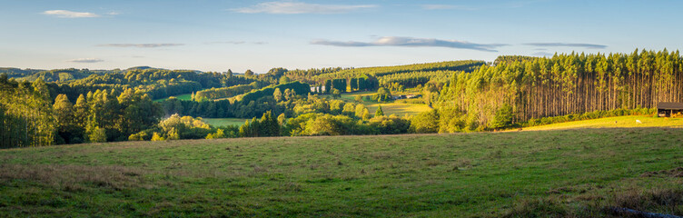 Panorama view on the rural meadows of Galicia in Spain