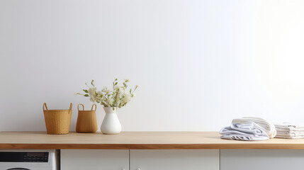 Empty light color table template for showing products on background of laundry room interior. 