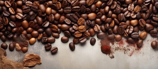 Coffee beans and powdered grind on stone background from a bird s eye view with room for your text