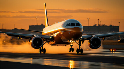 Fototapeta na wymiar Commercial airplane taking off from the runway at sunset - air transport concept