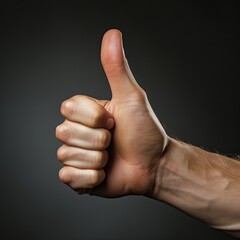 This man's thumb is showing a thumbs up on a dark background