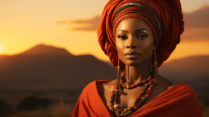 african woman with turban stands in a beautiful african sunset landscape