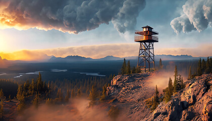 Fire Lookout overlooking a giant forest - obrazy, fototapety, plakaty