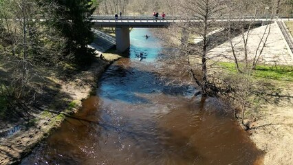 Drone shot on a sports canoe driven by a team of men and women sailing along a river. Outdoor activities on a kayak, water sports. Go Everywhere. Family Sports. Summer. Sport canoe operated by team
