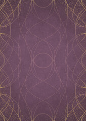 Hand-drawn abstract ornament. Light semi transparent pink on a purple back, with vignette of same pattern and sparks in golden glitter on a darker color. Paper texture. A4. (pattern: 10-1d)