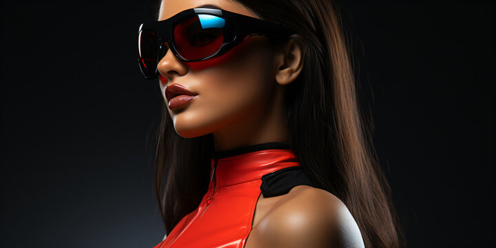 portrait of a modern woman in red latex clothes with cool sunglasses