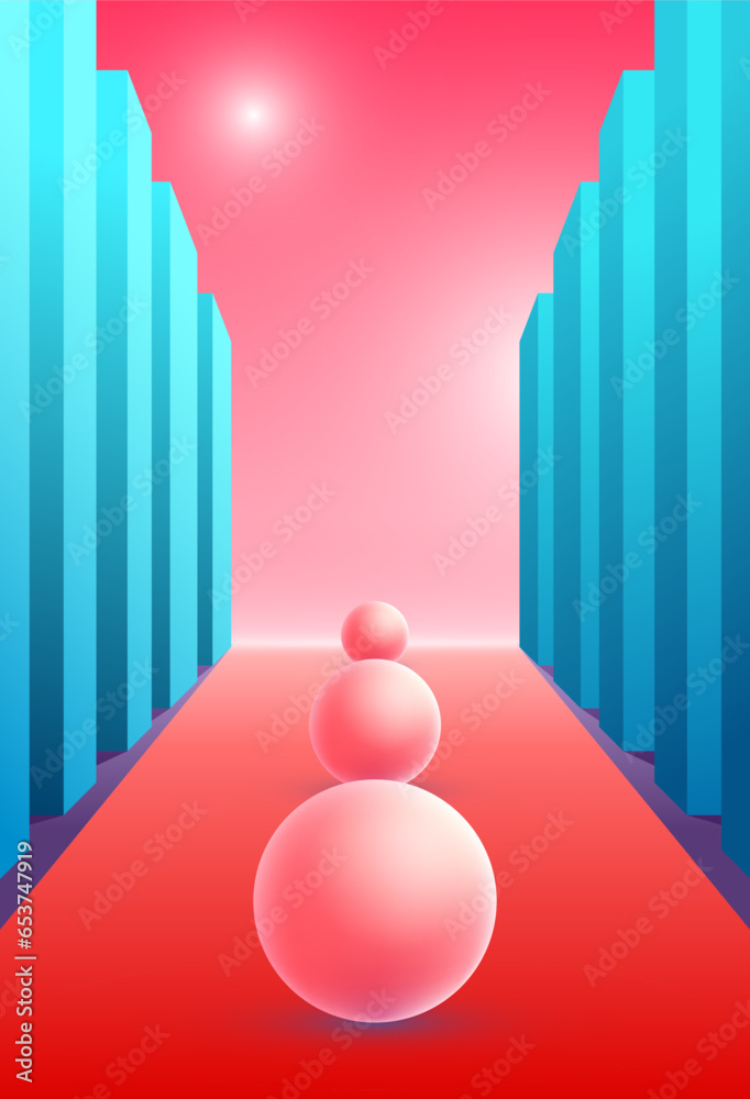 Poster Abstract surreal composition with soft balls on the pink road between the columns. Vertical background with minimal pastel shapes.