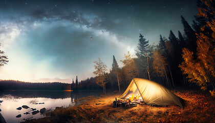 Camping under the milkyway next to a lake in the forest