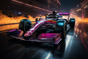 Foto op Canvas Colourful neon race car on the race track, Formula 1 at night competing made with AI © The Picture House