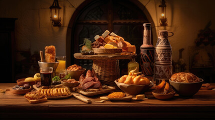 Bavarian Biergarten spread on rustic table