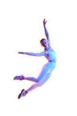 Portrait of young attractive woman posing in air in sportswear isolated white background in neon light.