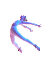 Fototapeta premium Portrait of young determined woman dressed sportively in motion isolated white background in neon light. Fitness, stretching exercises.