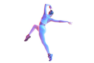 Rear view portrait of young determined woman dressed sportively in motion isolated white background in neon light. Fitness, stretching exercises.