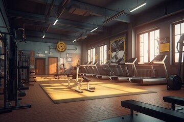 Realistic 3D illustration of a sports club cross fit gym interior. Generative AI