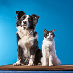 Naklejka na ściany i meble Paws and Whiskers Tabby Cat and Border Collie Dog Against the Calm Blue Gradient Background