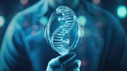 scientist biotechnologist holding blue helix DNA structure on hologram modern virtual screen interface and diagnose healthcare on digital network, Science, Medical technology and futuristic concept.