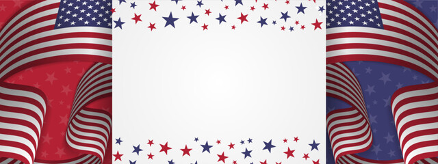 USA Holiday Background design with white area for copy space or images, blue and red star pattern design with 3d waving American flags. Vector Illustration. 
