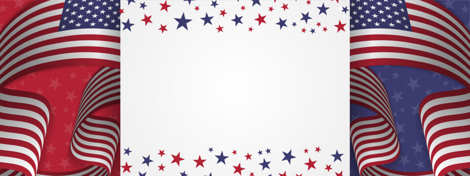 USA Holiday Background design with white area for copy space or images, blue and red star pattern design with 3d waving American flags. Vector Illustration. 
