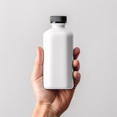 A man holding a white unbranded mock-up of a liquid bottle on a gray background. Container for liquid, fluid. Blank space for text or logo. AI generated image.